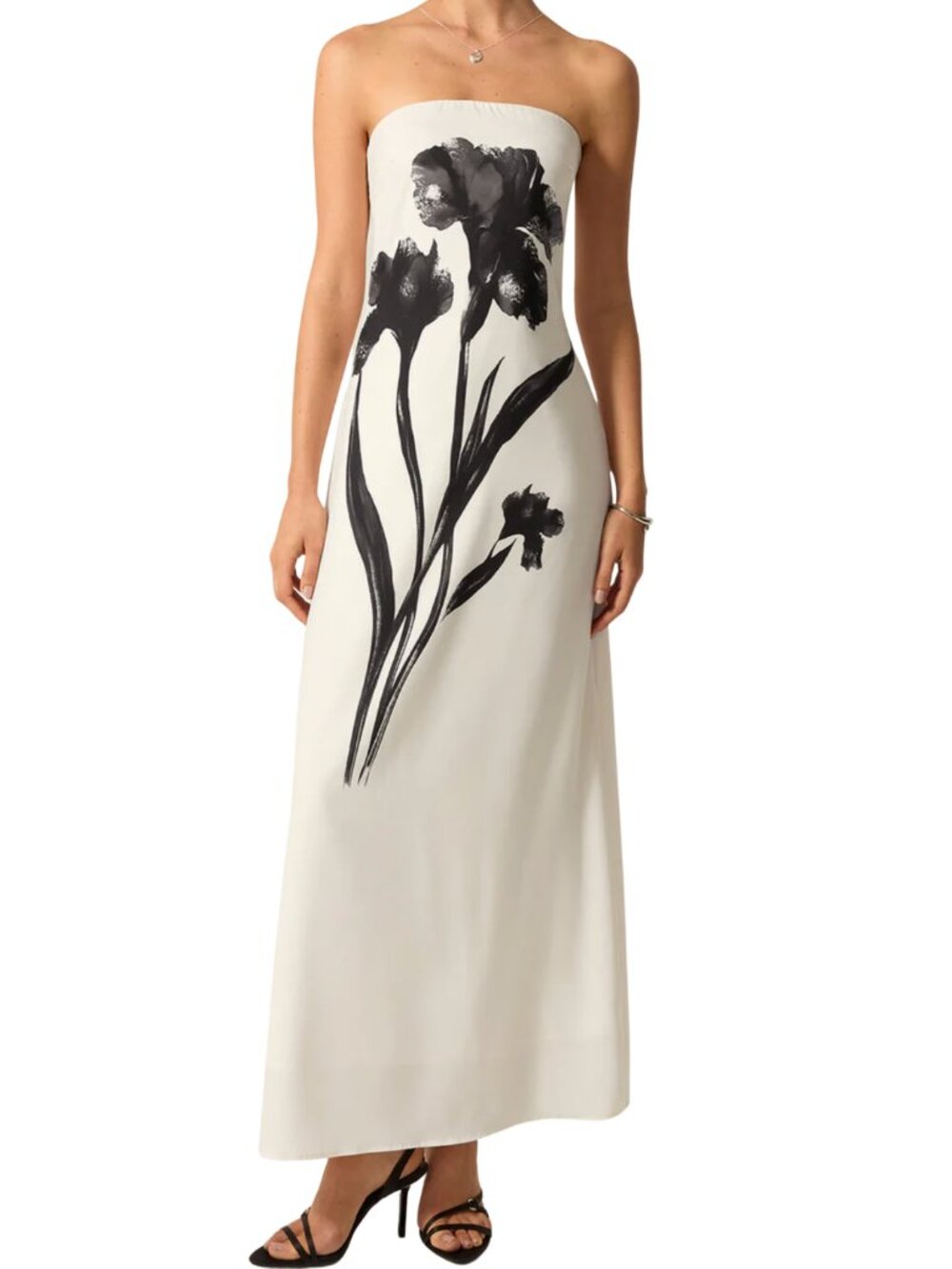 Commense Strapless Botanical Print Satin Maxi Dress White Black Size Large NWT S